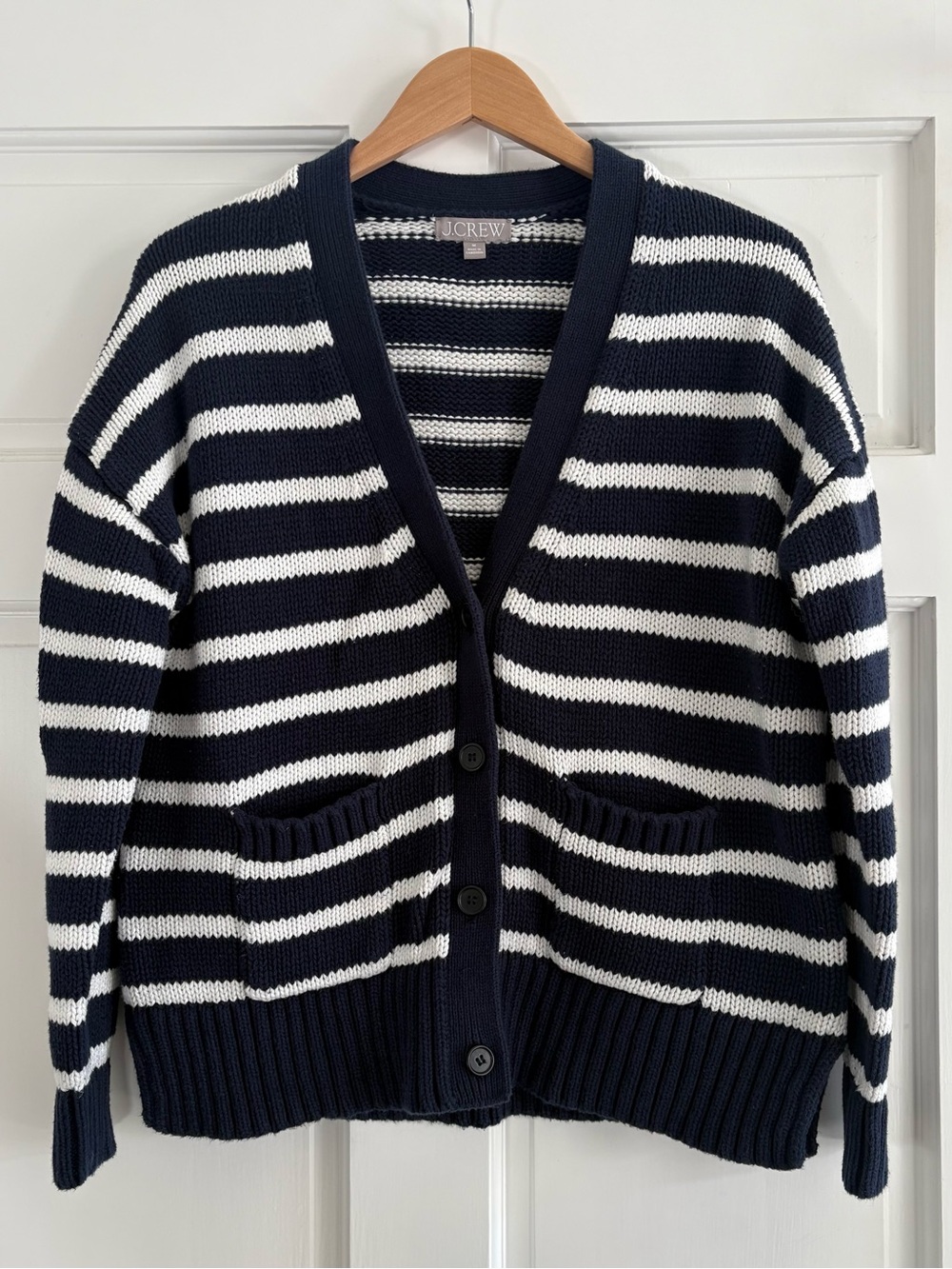 J. Crew Navy & White Striped V-Neck Cardigan - Picture 3 of 7